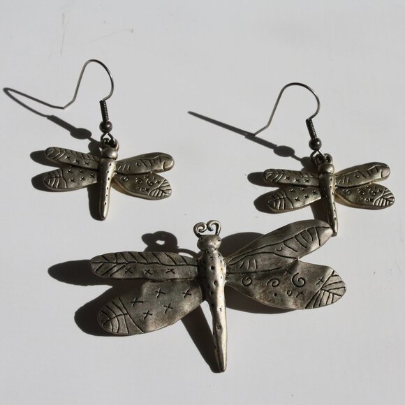 Vintage Dragonfly Set Earrings and Pendant or Brooch Pewter Summer… - Picture 1 of 4